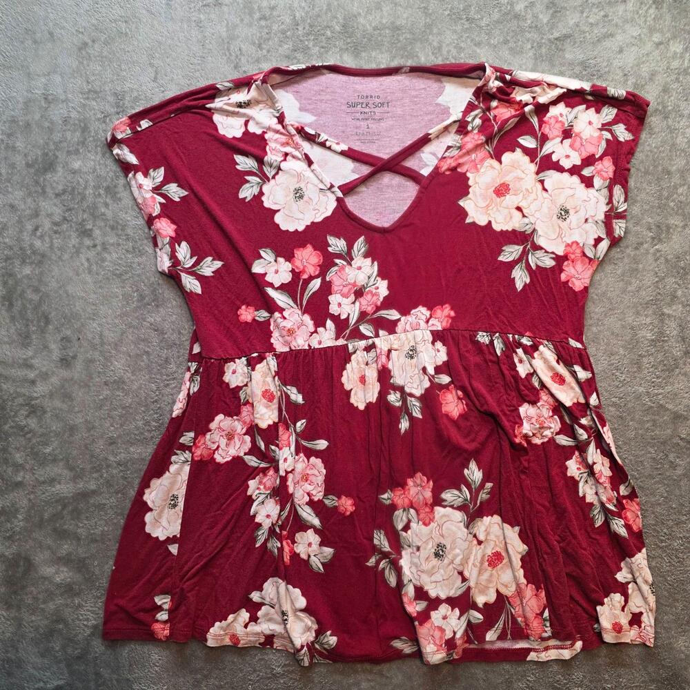 Torrid Shirt Womens 1 Red Floral Super Soft Knits Strappy Babydoll Tunic T-Shirt